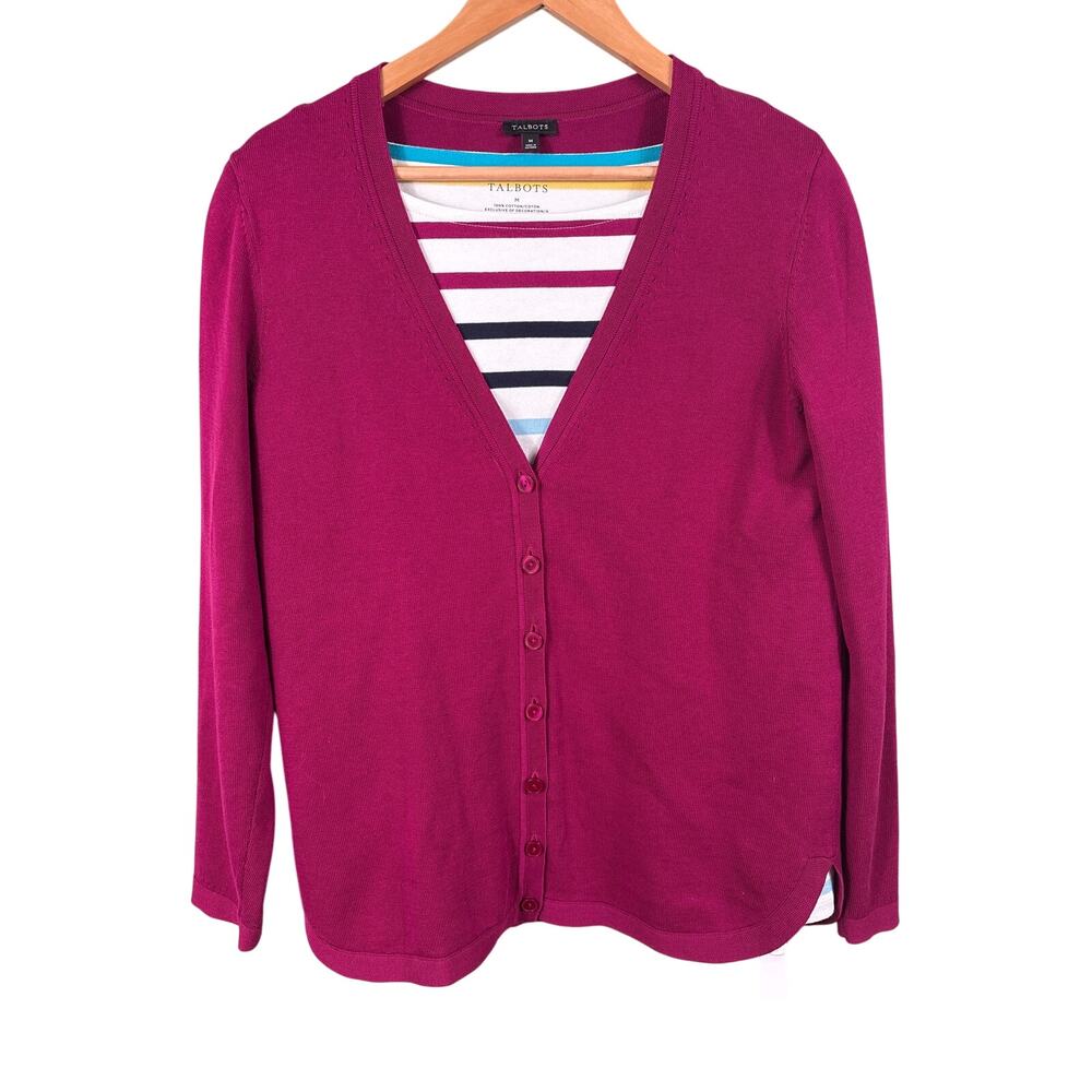 2Pc Talbots Women Medium Colorful Striped Long Sleeves Shirt & Burgundy Cardigan